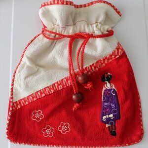 Japanese Traditional Drawstring Bag with Geisha Embroidery